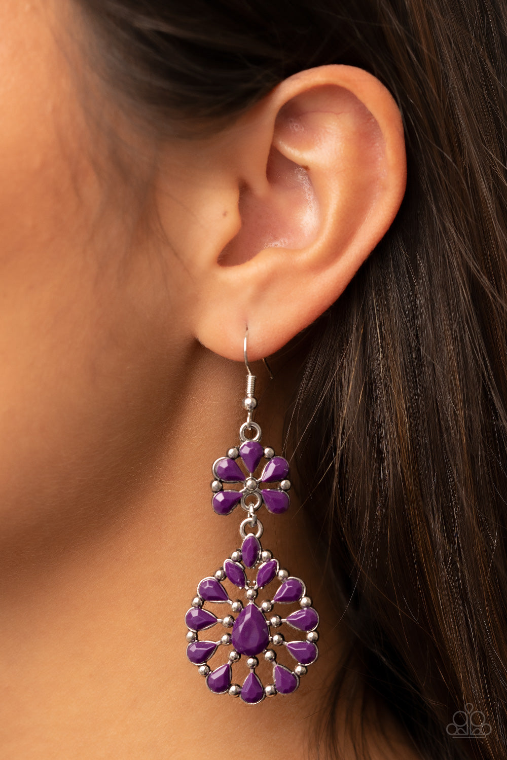 Posh Palooza - Purple Plum Beaded Silver Studded Frame Paparazzi Earrings