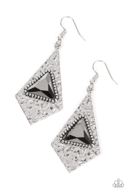 Cosmic Destination - Silver Hammered Kite Shape Frame & Hematite Triangular Gem Paparazzi Earrings