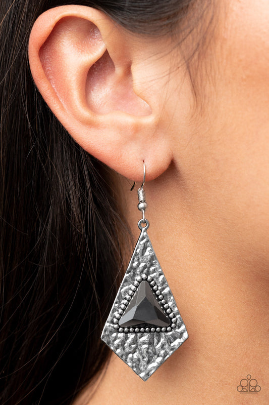 Cosmic Destination - Silver Hammered Kite Shape Frame & Hematite Triangular Gem Paparazzi Earrings