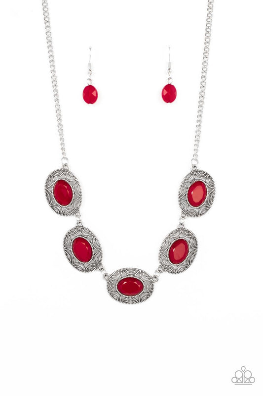 Sunshiny Shimmer - Red Faceted Beads & Oval Silver Sunburst Frame Paparazzi Necklace & matching earrings
