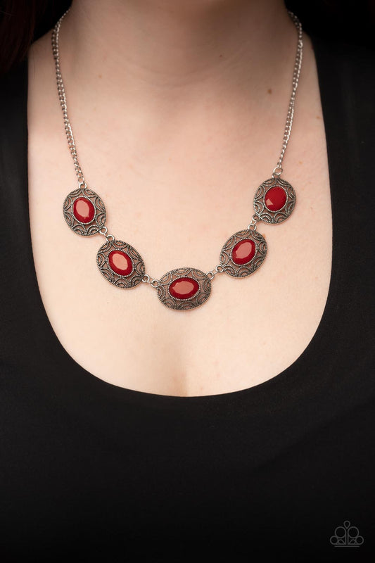 Sunshiny Shimmer - Red Faceted Beads & Oval Silver Sunburst Frame Paparazzi Necklace & matching earrings