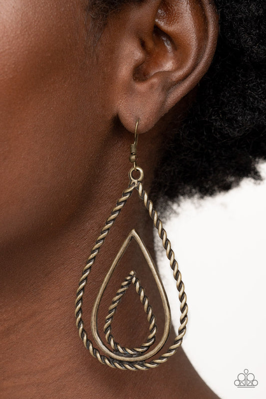 Tastefully Twisty - Brass Antiqued Twisted  Teardrop Paparazzi Earrings