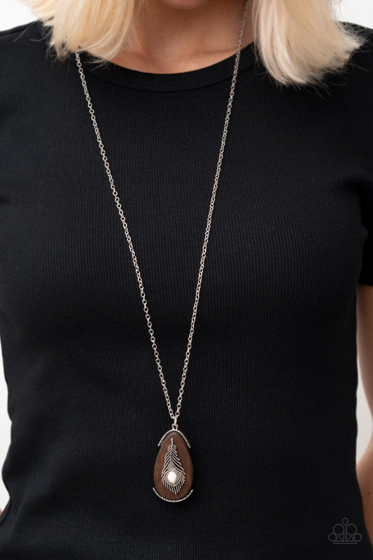 Personal FOWL - White Stone, Silver Feather, Oversized Wooden Pendant Paparazzi Necklace & matching earrings