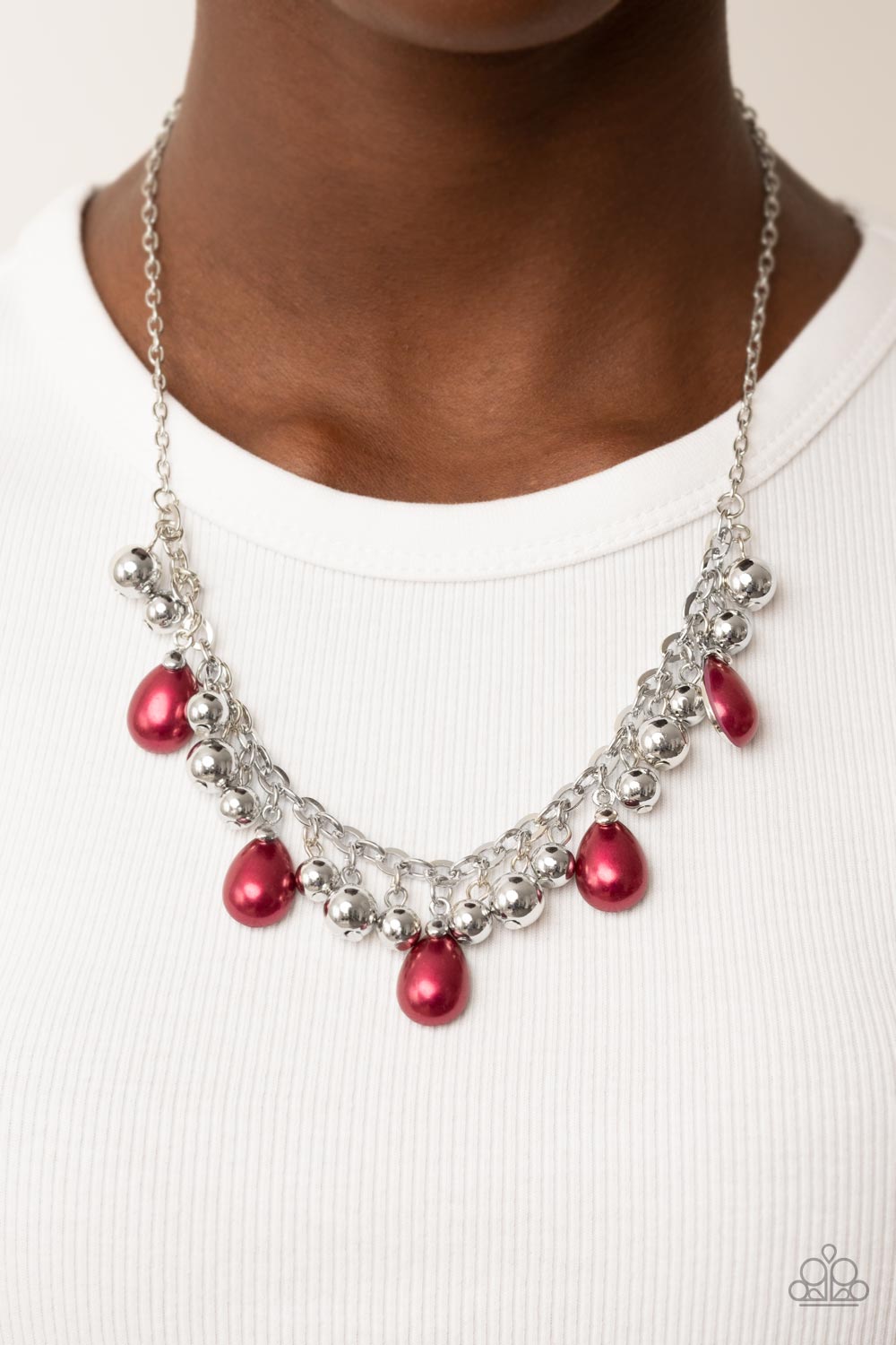 Party Favor - Red Pearls & Silver Beaded Paparazzi Necklace &. matching earrings