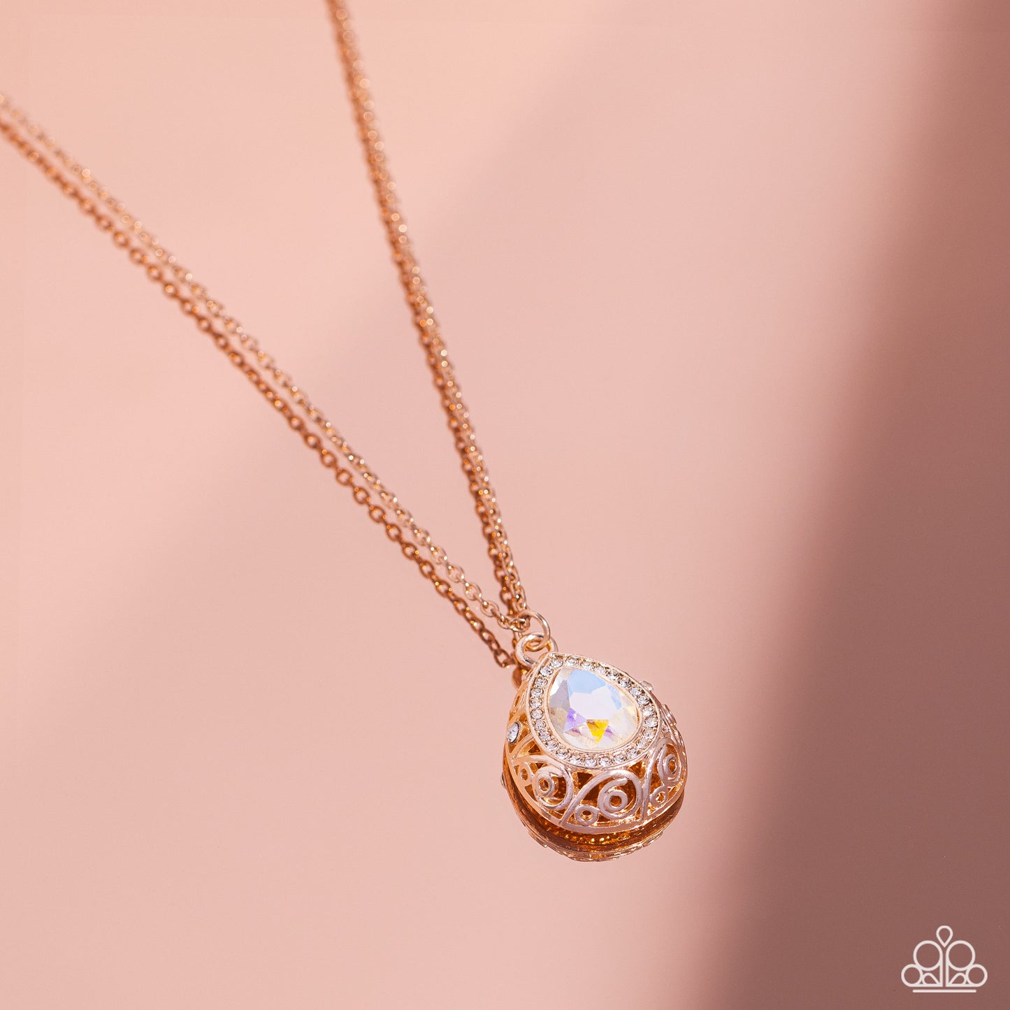 Gracefully Glamorous - Rose Gold Filigree/Iridescent Teardrop Pendant Paparazzi Necklace & matching earrings