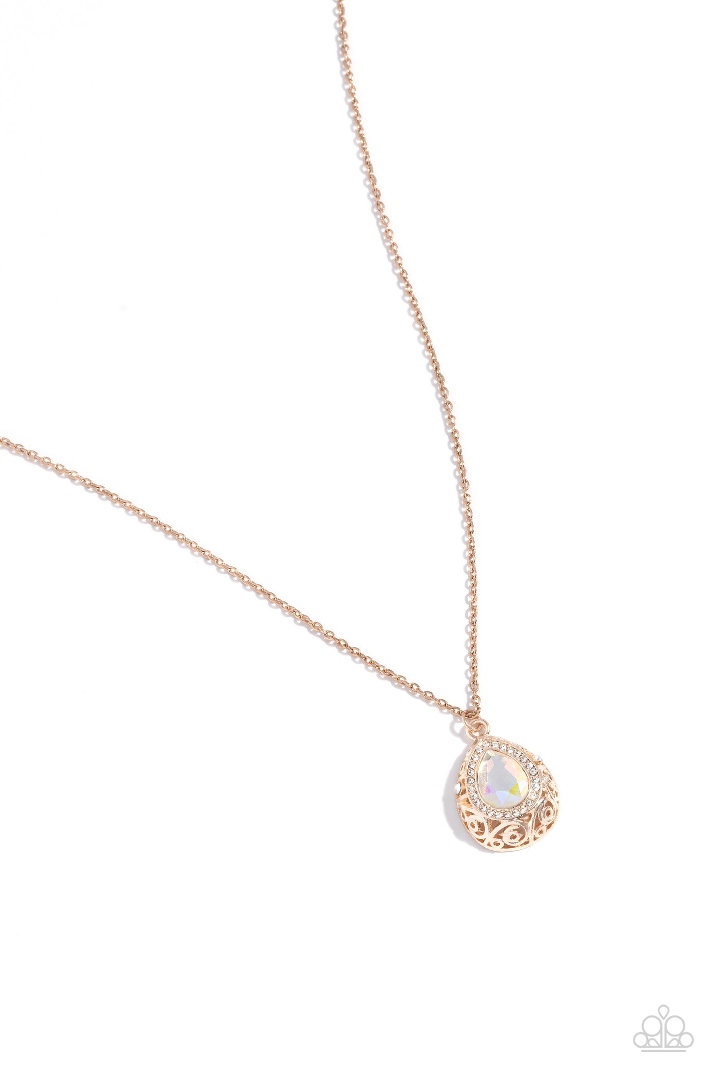 Gracefully Glamorous - Rose Gold Filigree/Iridescent Teardrop Pendant Paparazzi Necklace & matching earrings