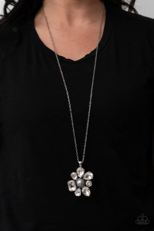 BLOOM Shaka-Laka - Silver Pearl Center, White Rhinestone Flower Pendant Paparazzi Necklace & matching earrings