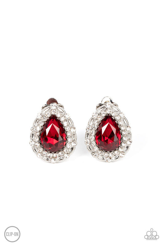 Haute Happy Hour - Red Oversized Teardrop Gem & White Rhinestone Paparazzi CLIP-ON Earrings