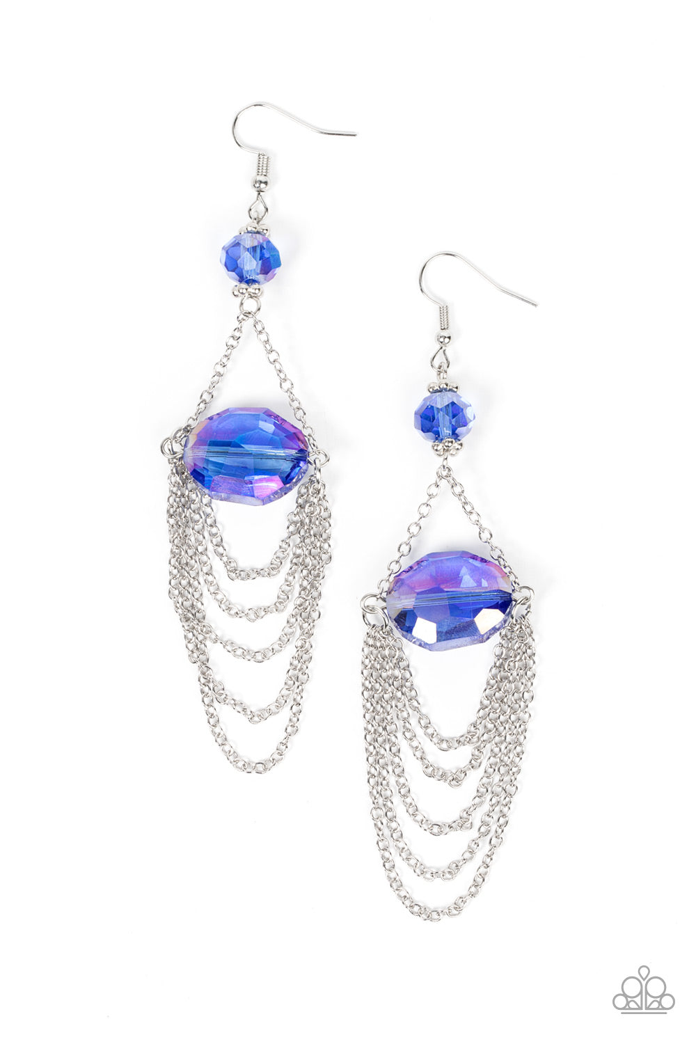 Ethereally Extravagant - Blue Oversized Iridescent Gem & Silver Chain Paparazzi Chandelier Earrings