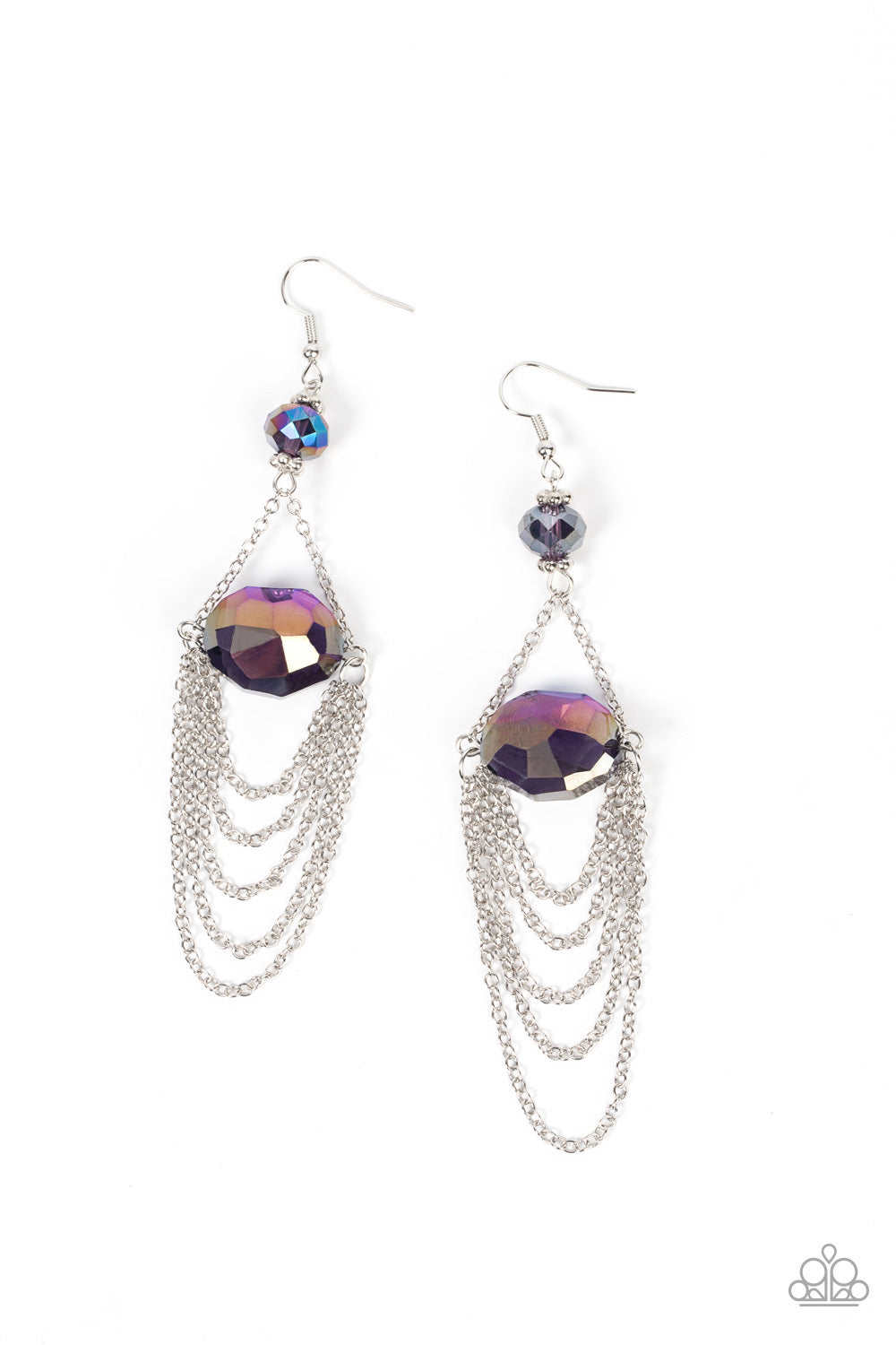 Ethereally Extravagant - Purple Iridescent Oval Gem & Silver Dainty Chain Paparazzi Chandelier Earrings