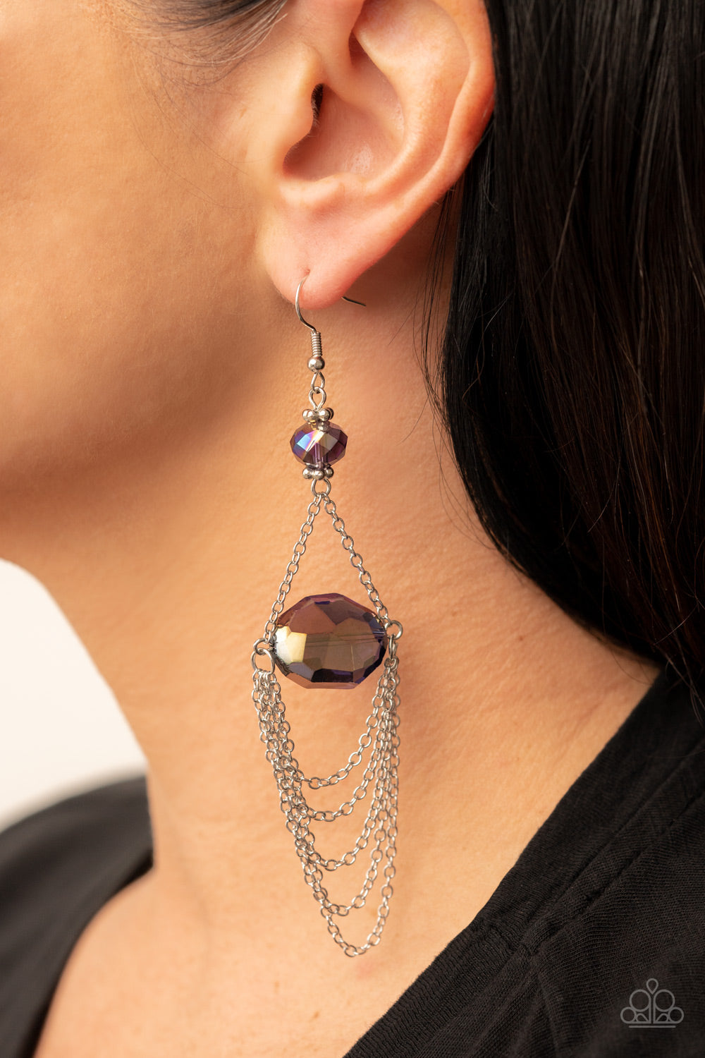 Ethereally Extravagant - Purple Iridescent Oval Gem & Silver Dainty Chain Paparazzi Chandelier Earrings