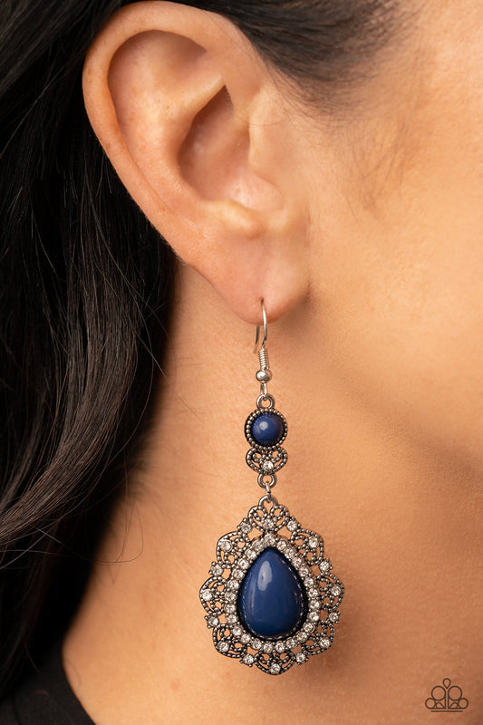 Palace Bribe - Blue Teardrop Bead, White Rhinestones, Silver Studded Filigree Paparazzi Earrings