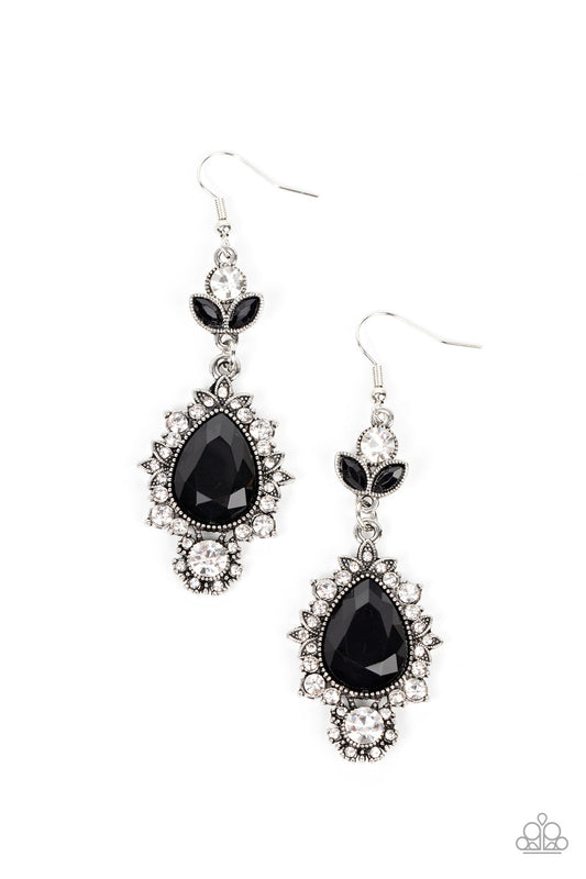 SELFIE-Esteem - Black Oversized Teardrop Bead, White Rhinestone, & Silver Leafy Frame Paparazzi Earrings