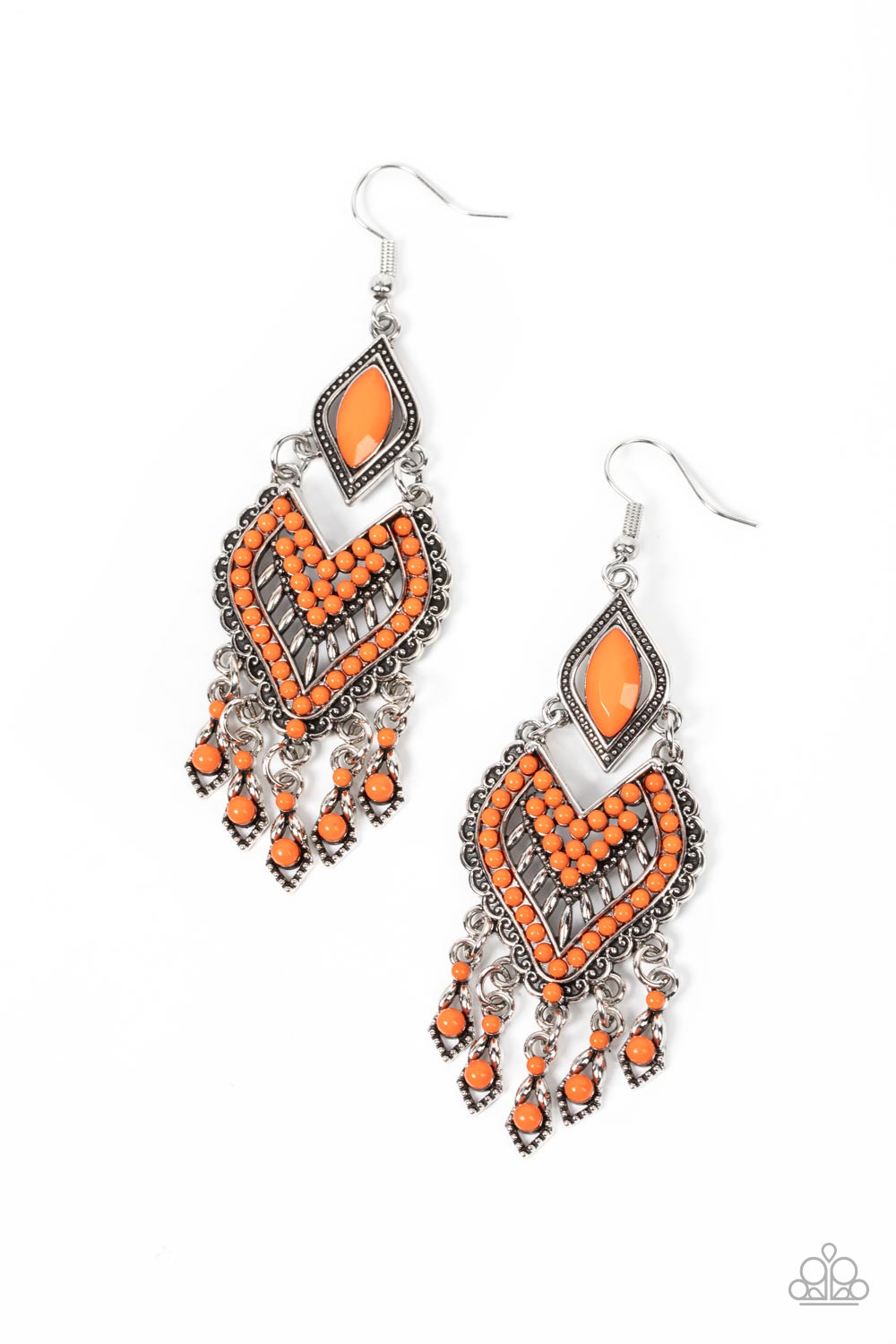 Dearly Debonair - Orange Seed Beads/Studded Silver Frame Paparazzi Earrings