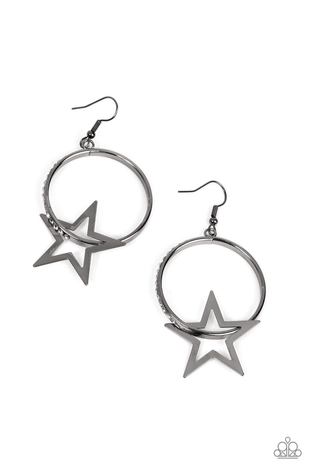 Superstar Showcase - Gunmetal Star & White Rhinestone Encrusted Hoop Paparazzi Earrings