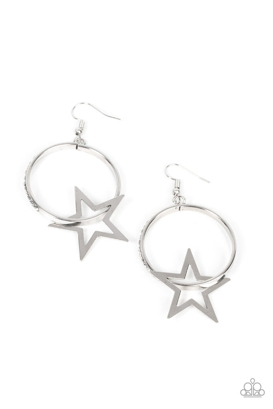Superstar Showcase - White Rhinestone & Flat Silver Star Paparazzi Earrings