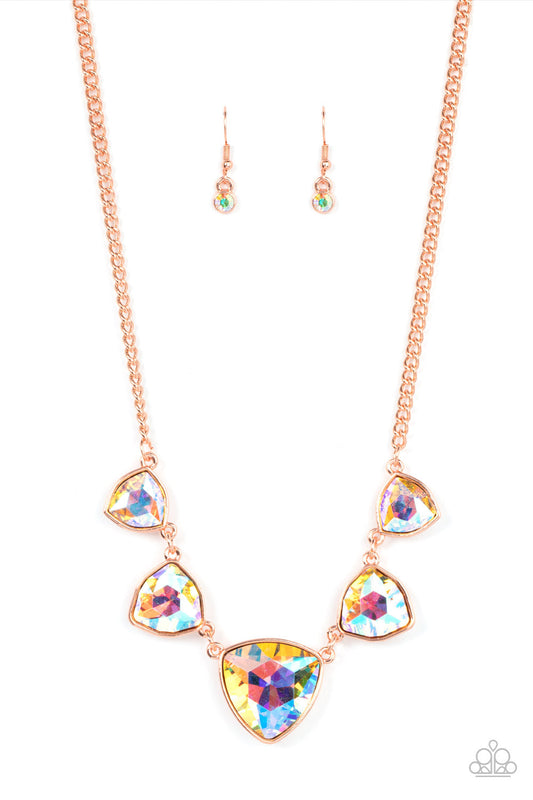Cosmic Constellations - Copper Frames & Oversized Iridescent Geometric Gem Paparazzi Necklace & matching earrings