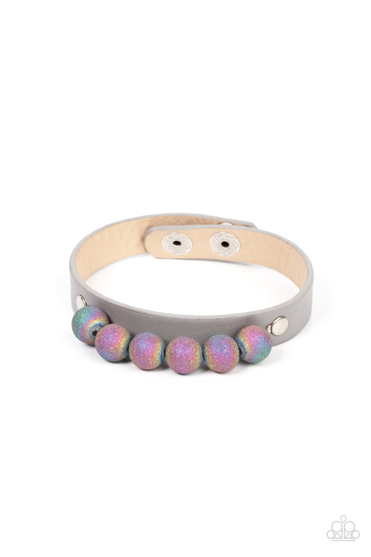 Saturn Safari - Silver/Gray Leather & Multicolored Swirl Beaded Paparazzi Snap Bracelet