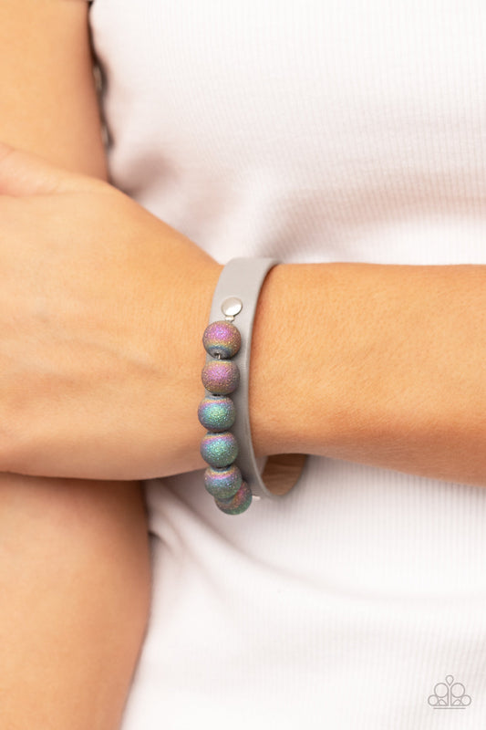 Saturn Safari - Silver/Gray Leather & Multicolored Swirl Beaded Paparazzi Snap Bracelet