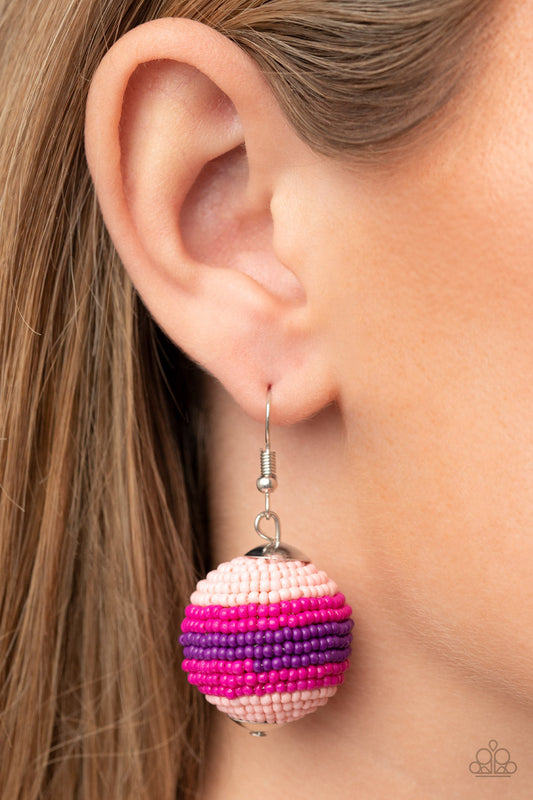 Zest Fest - Pink & Purple Seed Bead Spherical Frame Paparazzi Earrings