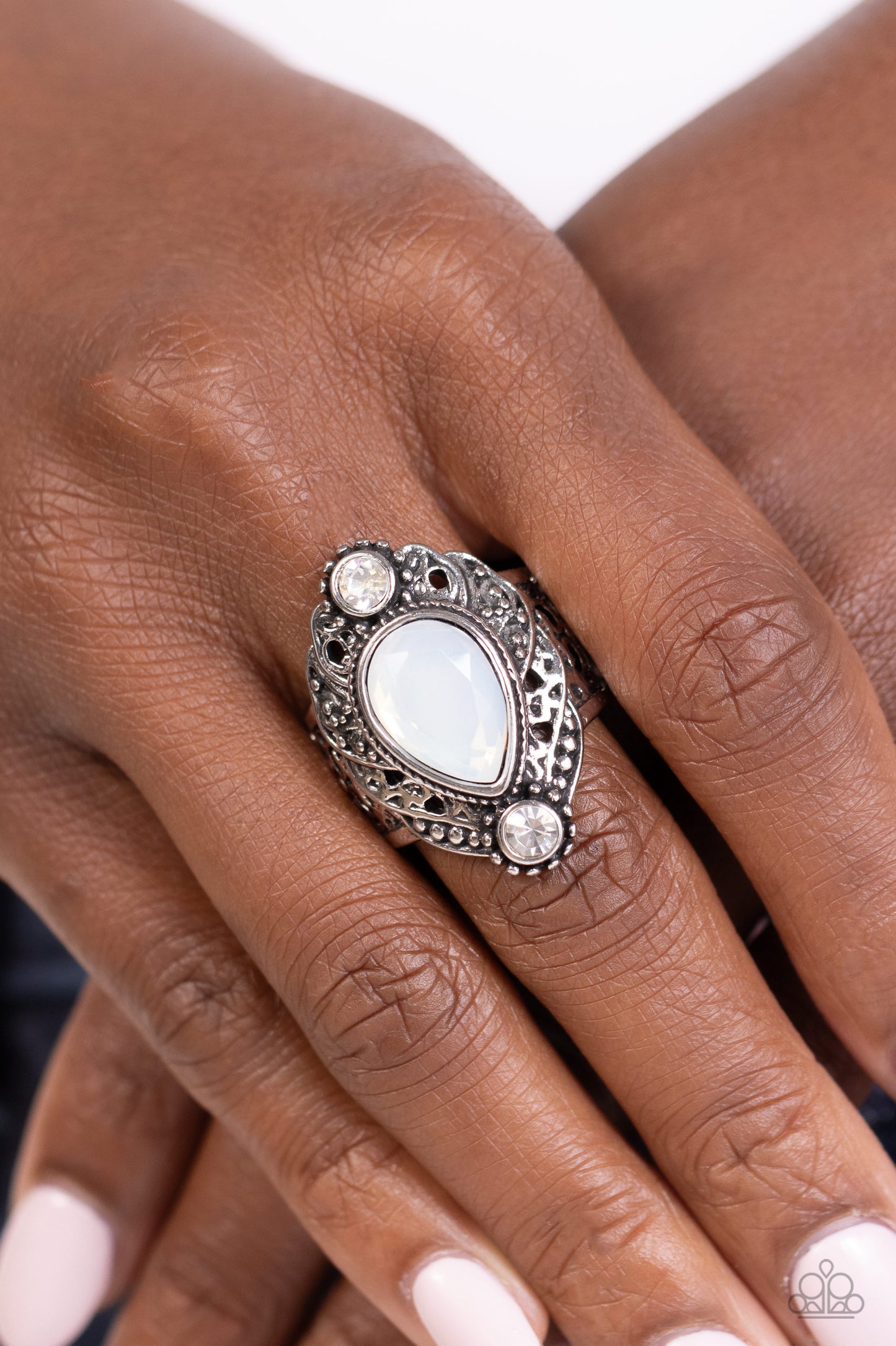 Mystical Mania - White Oversized Opal Teardrop Paparazzi Ring