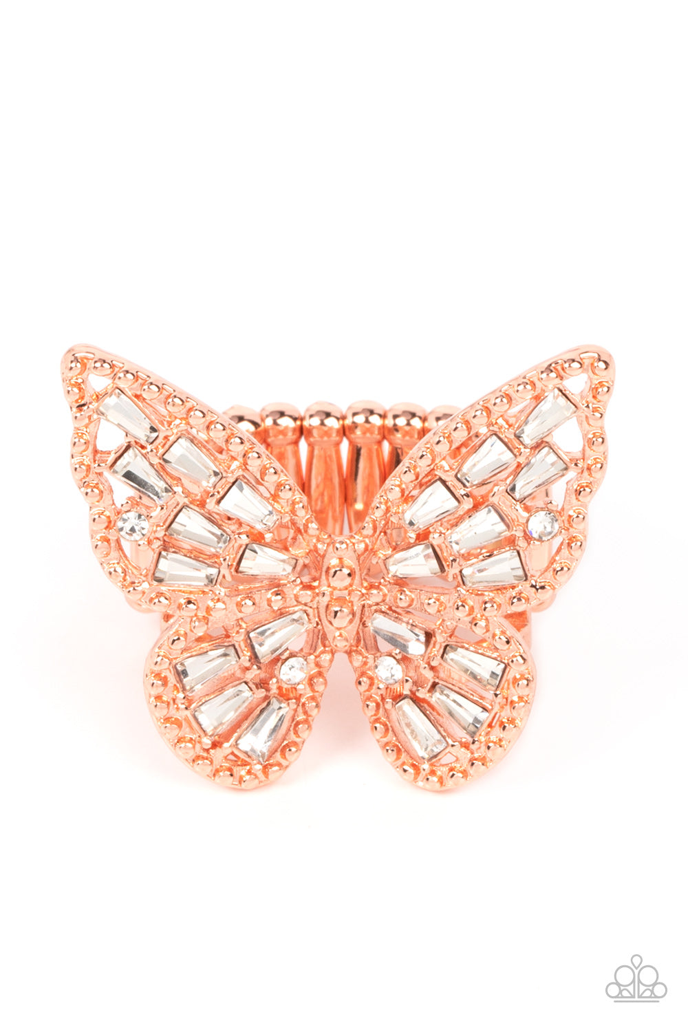 Bright-Eyed Butterfly - Copper Butterfly & Emerald Cut Rhinestone Paparazzi Ring