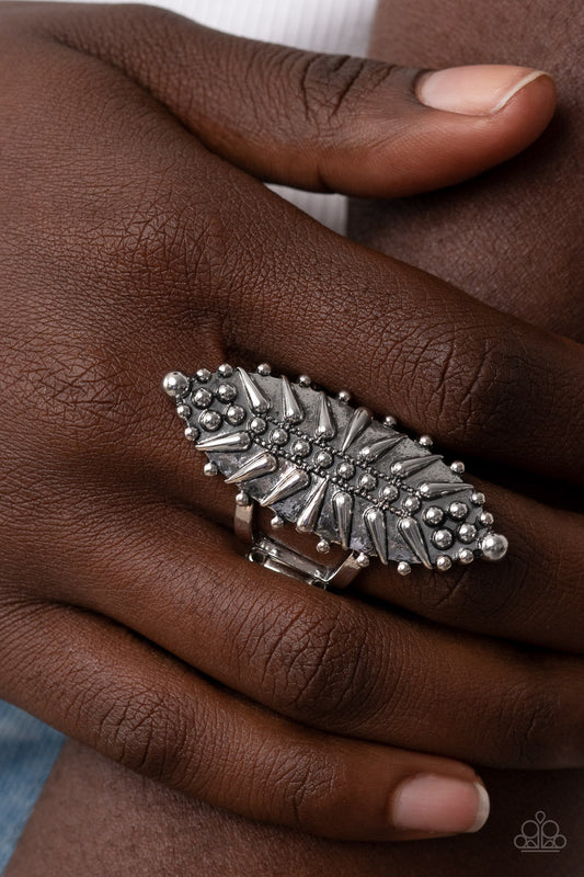 Bump, Set, Spike! - Silver Oblong Studded Paparazzi Ring