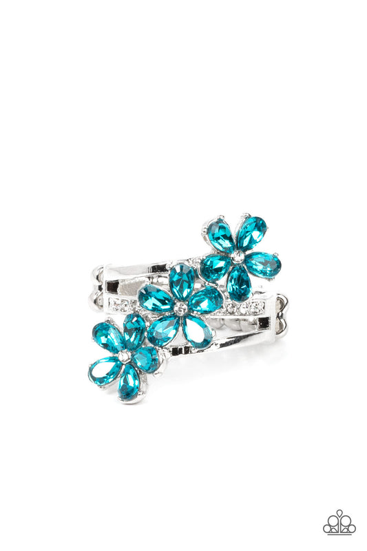 Posh Petals - Blue Rhinestone Petal & White Rhinestone Center Paparazzi Flower Ring