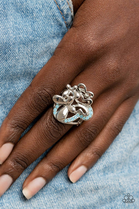 Fluttering Flashback - Blue Opal Rhinestone & Silver Butterfly Paparazzi Ring