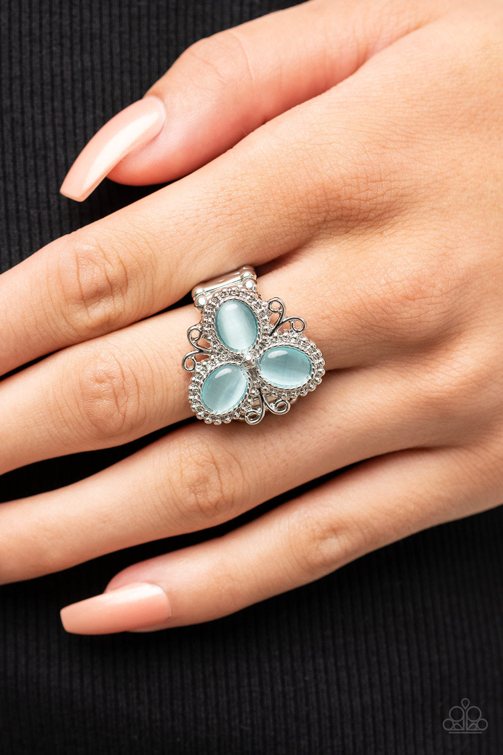 Bewitched Blossoms - Blue Cat's Eye Stone & Silver Filigree Paparazzi Ring