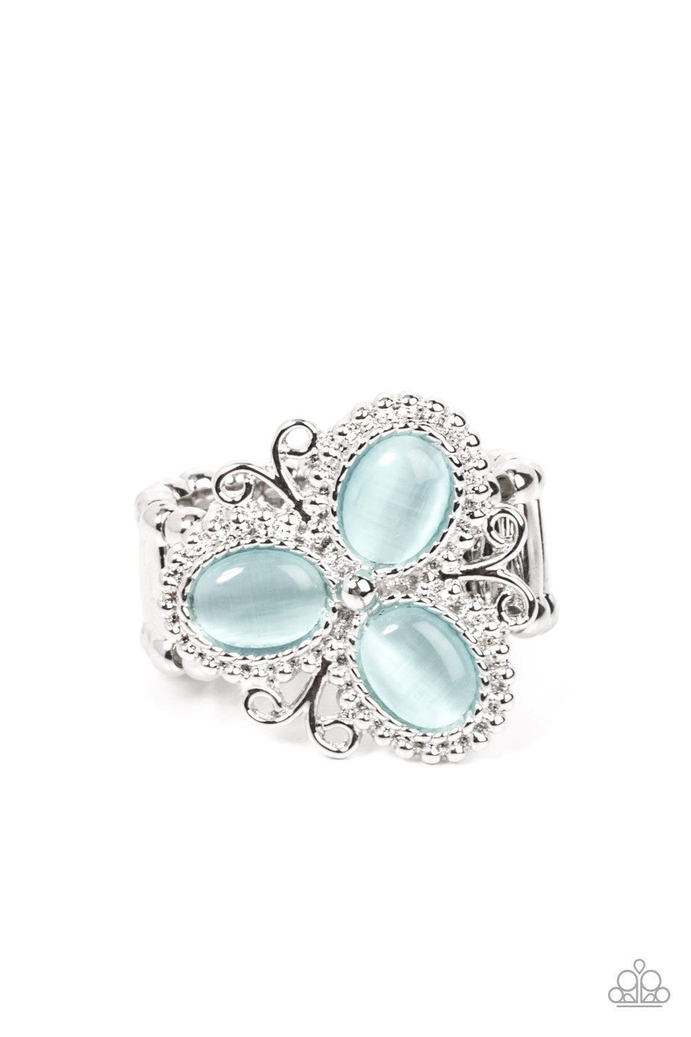 Bewitched Blossoms - Blue Cat's Eye Stone & Silver Filigree Paparazzi Ring