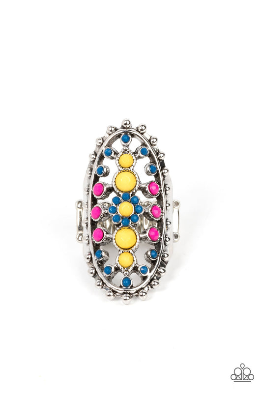 Sonoran Solstice - Blue, Yellow, & Pink Beaded Floral Pattern Paparazzi Ring