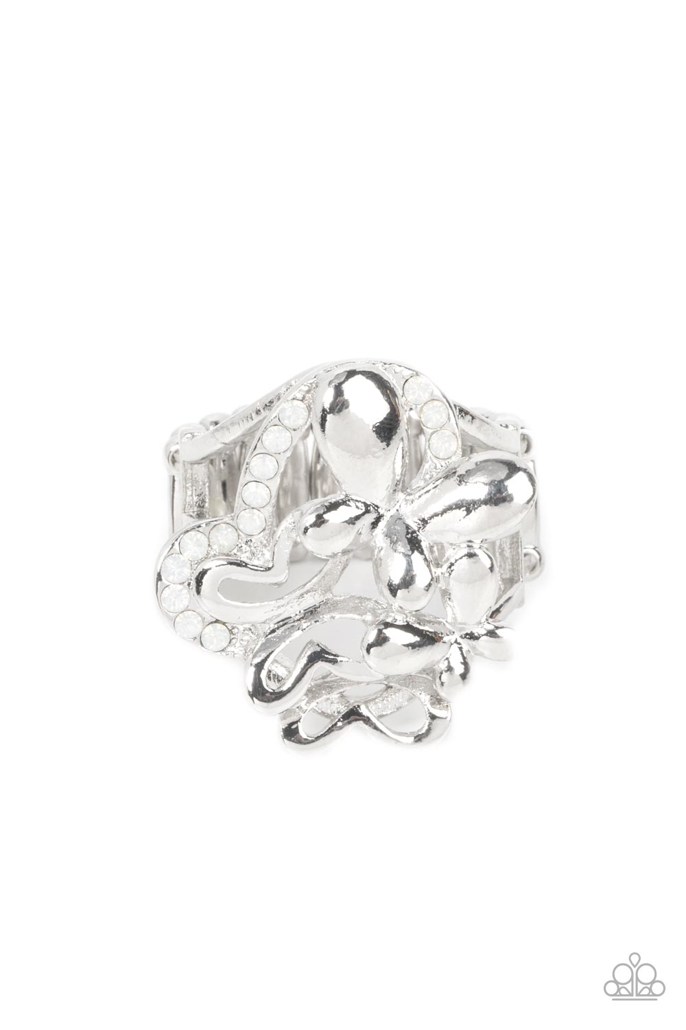 Fluttering Flashback - White Opal Rhinestone & Silver Butterfly Paparazzi Ring