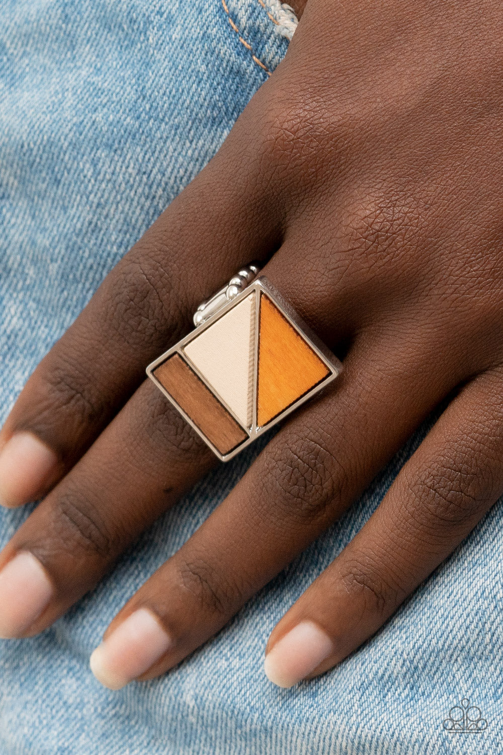 Happily EVERGREEN After - Orange, White, & Brown Wooden Frame Paparazzi Ring