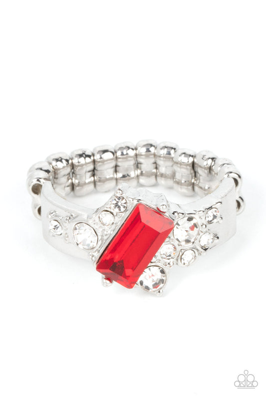 Tip the Balance - Red Emerald-Cut Rhinestone & Asymmetrical Silver Frame Dotted in White Rhinestone Paparazzi Ring