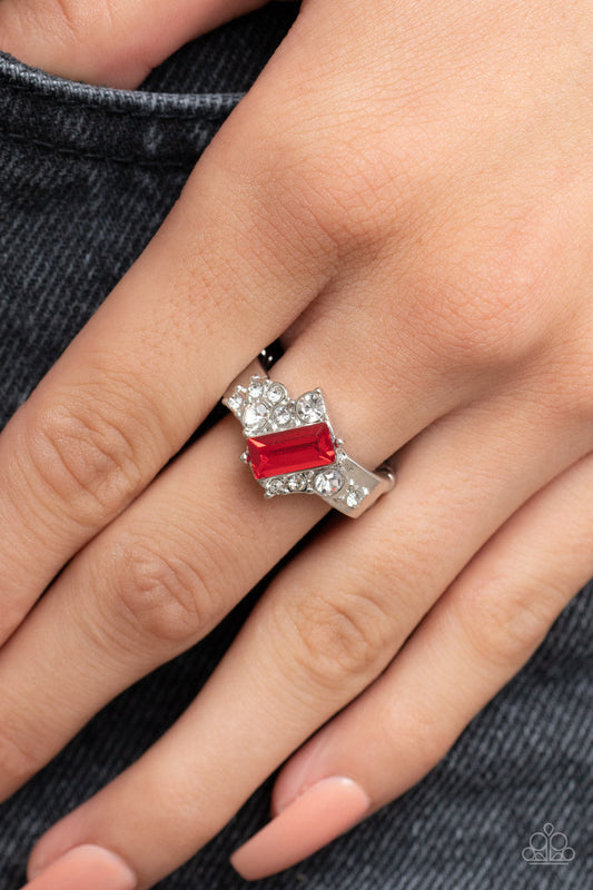 Tip the Balance - Red Emerald-Cut Rhinestone & Asymmetrical Silver Frame Dotted in White Rhinestone Paparazzi Ring