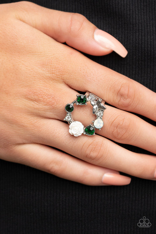 Butterfly Bustle - Green, Opal, & White Rhinestones/White Rosebud/Silver Butterfly Paparazzi Ring