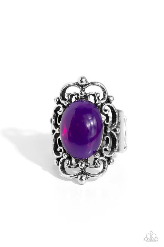 Happily EVERGLADE After - Purple Glassy Bead & Silver Vine-Like Filigree Paparazzi Ring