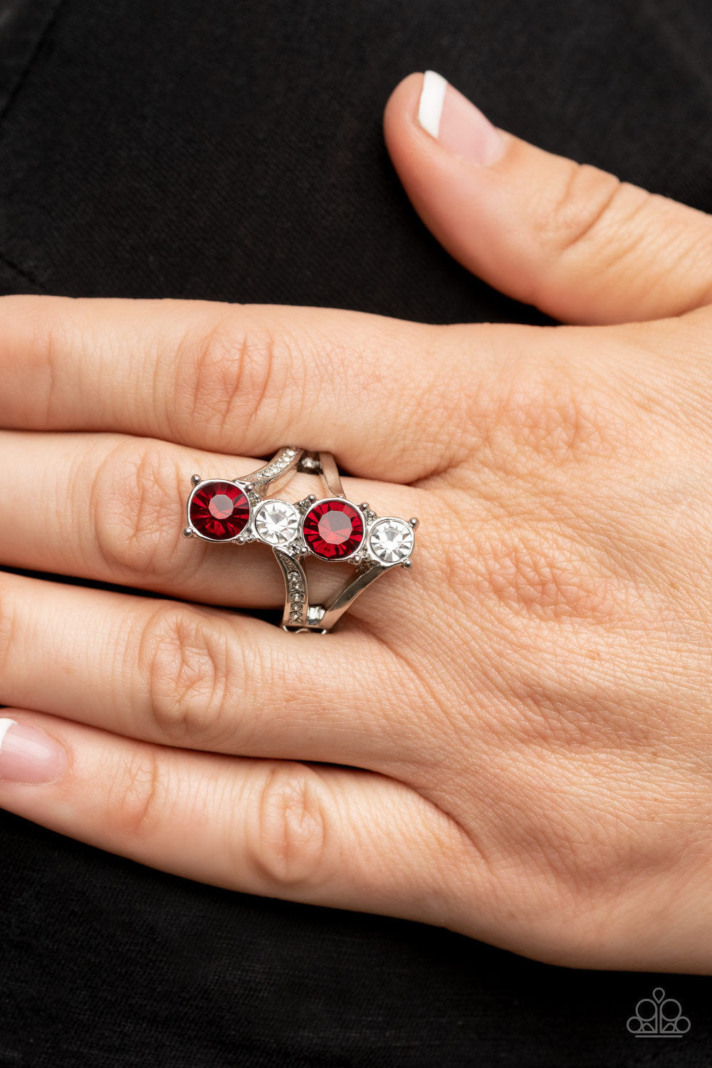 Duplicating Dazzle - Red & White Rhinestone Paparazzi Ring