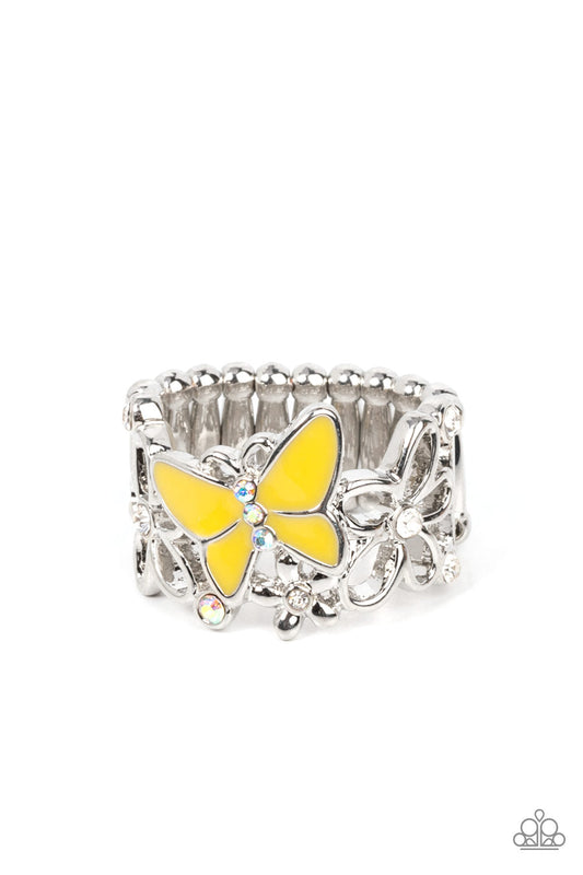 All FLUTTERED Up - Yellow Butterfly, White Rhinestones, & Iridescent Rhinestone Paparazzi Ring