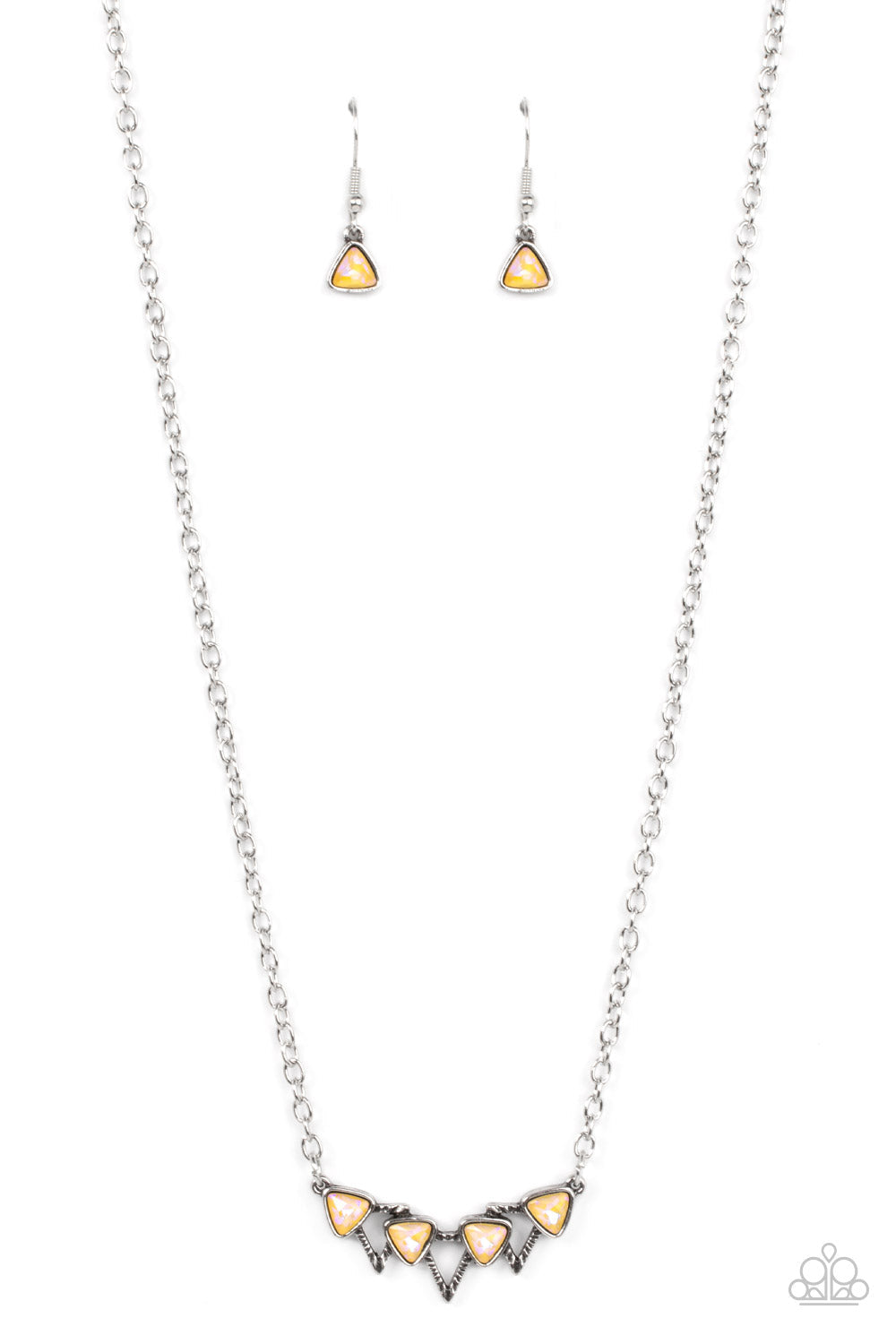 Pyramid Prowl - Yellow Iridescent Triangular Gem Paparazzi Necklace & matching earrings
