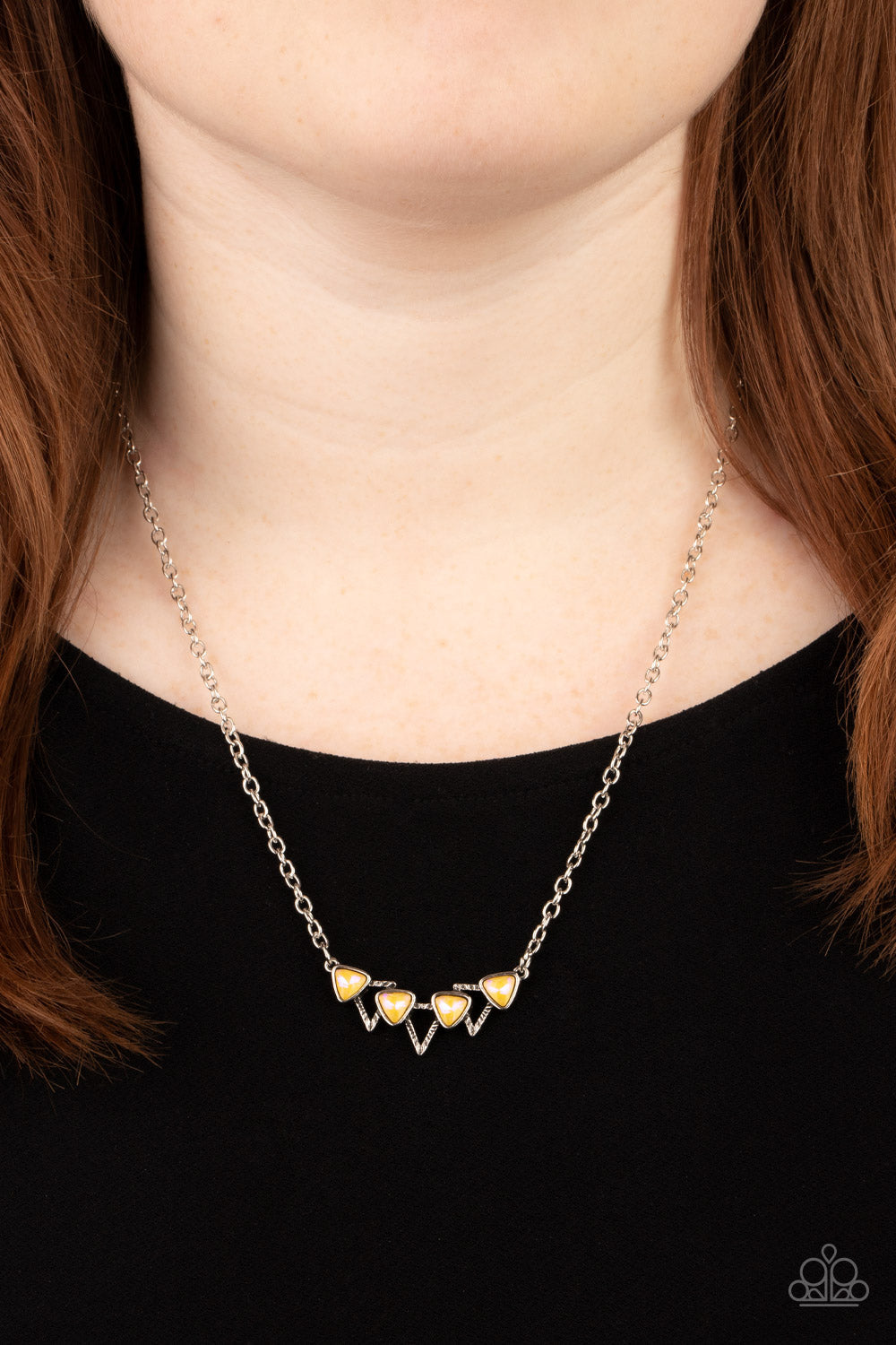 Pyramid Prowl - Yellow Iridescent Triangular Gem Paparazzi Necklace & matching earrings