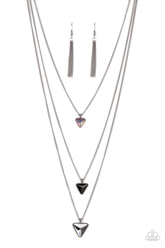 Follow the LUSTER - Gunmetal Chain/Iridescent, Black, Smoky Triangular Gem Pendant Paparazzi Necklace & matching earrings