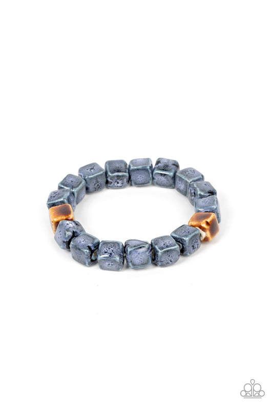 Glaze Craze - Blue & Brown Glazed Finish Ceramic Cube Paparazzi Stretch Bracelet