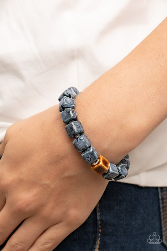 Glaze Craze - Blue & Brown Glazed Finish Ceramic Cube Paparazzi Stretch Bracelet