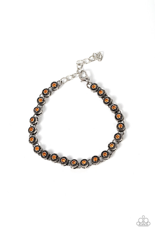 Charm School Shimmer - Orange Dainty Rhinestones & Studded Silver Fitting Paparazzi Adjustable Bracelet