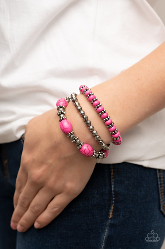 Take by SANDSTORM - Pink Stone & Studded Accent Paparazzi Set of 3 Stretch Bracelets