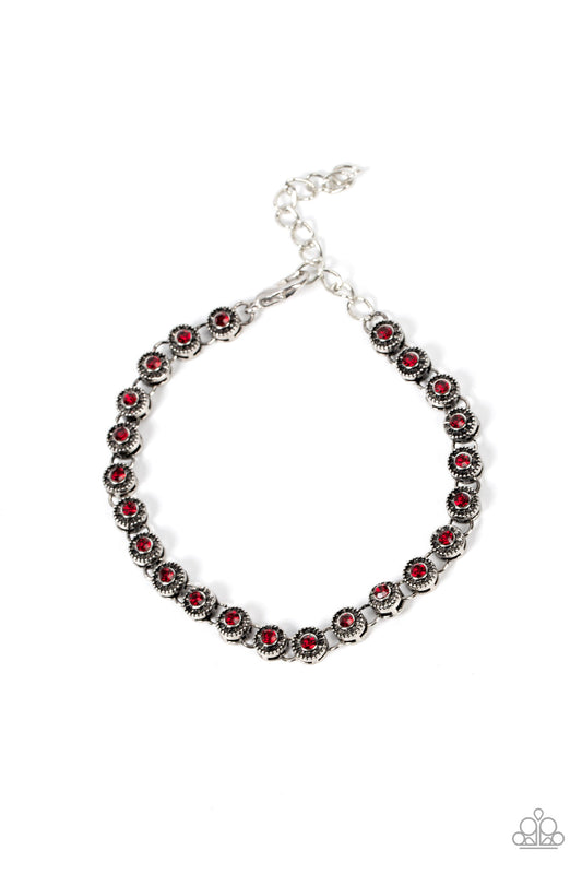 Charm School Shimmer - Red Rhinestones & Studded Silver Fitting Paparazzi Adjustable Bracelet