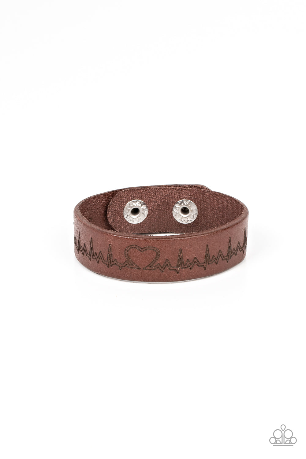 Haute Heartbeat - Brown Leather & Etched Heartbeat Pattern Paparazzi Snap Bracelet