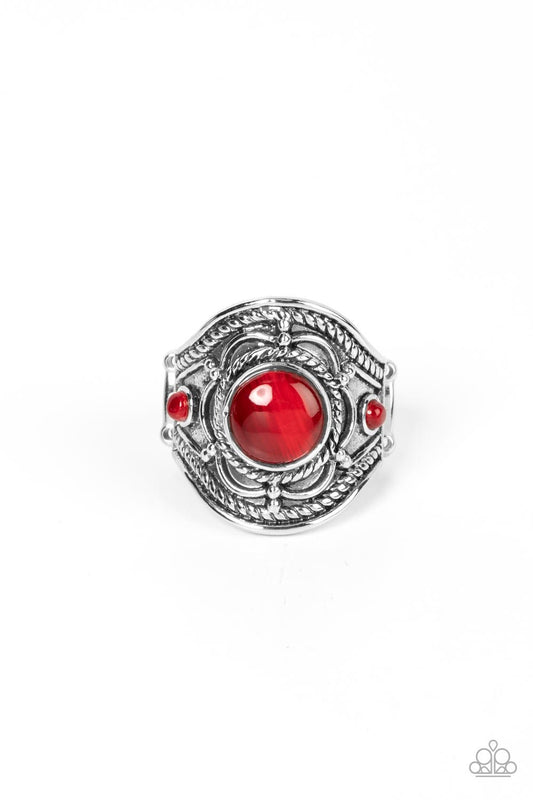 Exuberant Escapade - Red Cat's Eye & Textured Floral Motif Paparazzi Ring